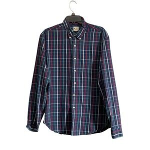 J Crew Sunwashed Oxford Shirt Mens Large Navy Plaid Cotton Button Down